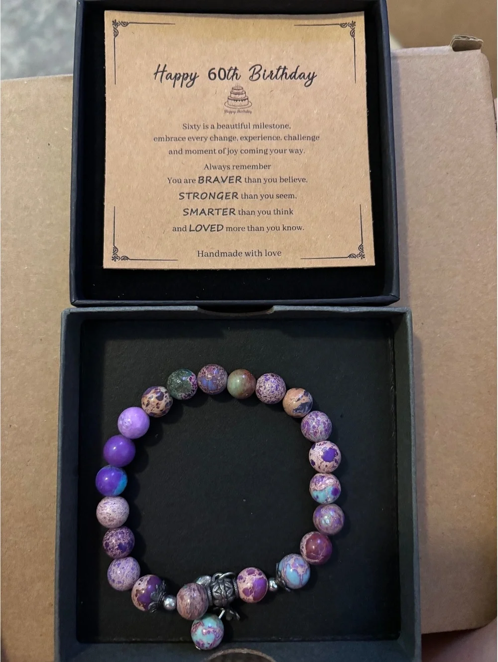 50th Birthday gift, Natural stone beaded bracelet with silver-tone charm,